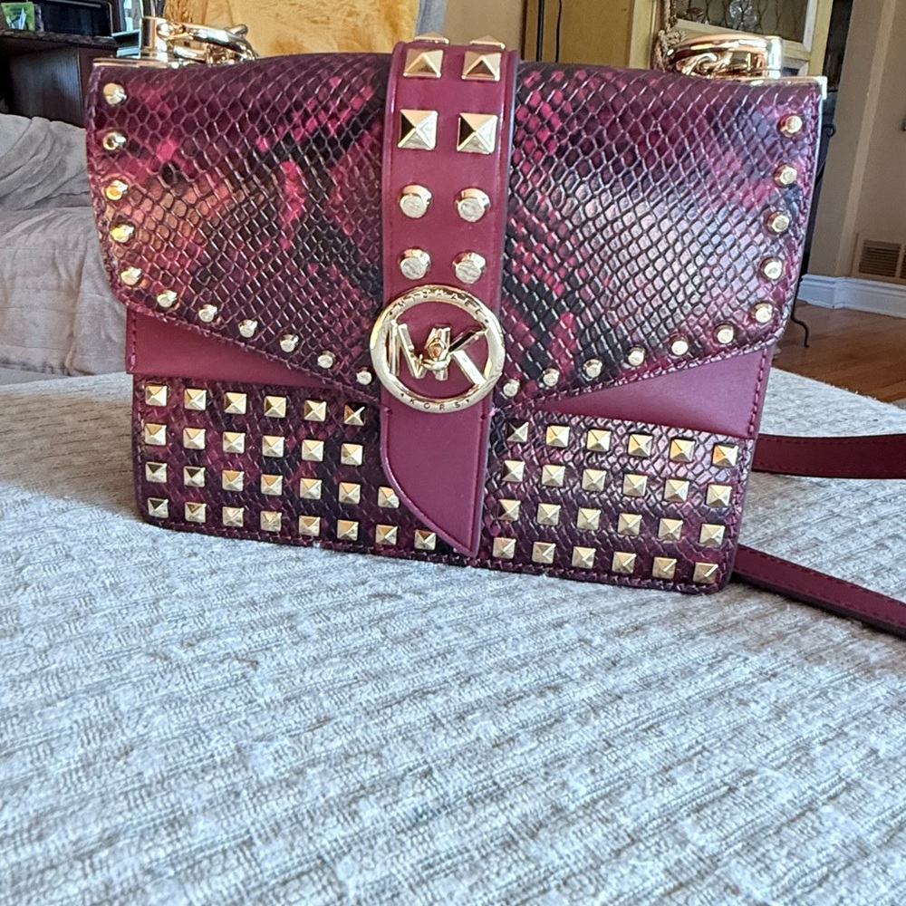 Michael Kors Burgundy and Gold Studded Crossbody Bag
